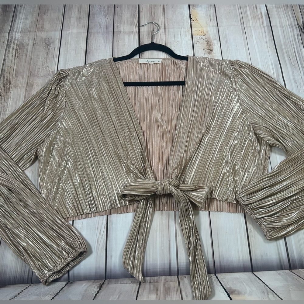 Molly Green Gold Pleated Tie-Front Crop Blouse/Cardigan. Size XL. Holiday Party
